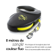 Laisse de chien rétractable noire avec sangle jaune étiquetée "flexi Giant M 8m" et texte de sécurité en français sur la visibilité.