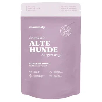 Forever Young 110 g Fioletowe opakowanie dla przysmaków dla psów "mammaly", oznaczone napisem "Snack die ALTE HUNDE Sorgen weg!" z "FOREVER YOUNG" i wymienionymi korzyściami.