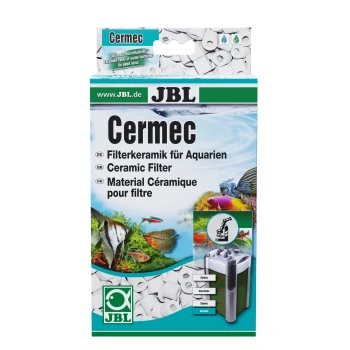 Verpackung für den JBL Cermec Keramikfilter für Aquarien, mit Bildern von Fischen und Wasserpflanzen, mit Text in Deutsch, Englisch und Französisch.
