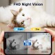 Ein Smartphone zeigt eine Katze mit FHD-Nachtsichtfunktion, das einen geteilten Bildschirm mit Nacht- und Tagmodus anzeigt.
