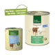 Deux boîtes de nourriture pour animaux Real Nature : une boîte "Junior" avec des graphiques de vache et de poulet, et une plus grande boîte "Original" avec une vache.