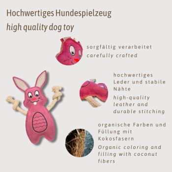 Hochwertiges Hundespielzeug in Form eines rosa Kaninchens, mit strapazierfähiger Naht, organischer Färbung und Kokosfaserfüllung.