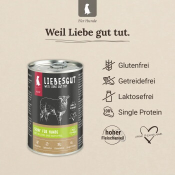 LIEBESGUT-Dose (Schaf), Überschrift 'Weil Liebe gut tut.' und Symbole: Glutenfrei, Getreidefrei, Laktosefrei, Single Protein.