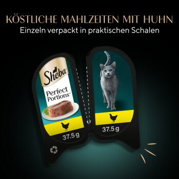 Sheba Perfect Portions Katzenfutter 37,5 g Doppelschalen, Hähnchen-Geschmack mit Katze; sichtbarer Text 'Köstliche Mahlzeiten mit Huhn'.