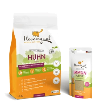 Natürlicher Katzenfutterbeutel mit der Aufschrift "Ich liebe meine Katze" mit "Huhn" und einem Behälter mit "Lemon Pulver" für Katzen.