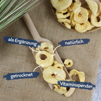Getrocknete Apfelringe auf einem Holzlöffel und Teller mit deutschen Textetiketten: natürlich, getrocknet, Vitaminlieferant, als Ergänzung.