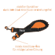 Schwarze Hundeleine mit einem stabilen Karabiner und einer 360-Grad-Verbindung, beschriftet mit "Floxik," auf einem orangefarbenen Hintergrund.