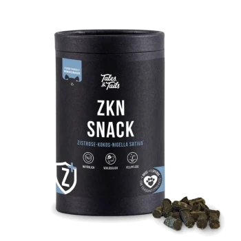 Schwarzer zylindrischer Behälter mit Tales & Tails ZKN Snack Hundeleckerlis mit kleinen dunklen Pellets daneben, mit der Aufschrift natürlich und zuverlässig.