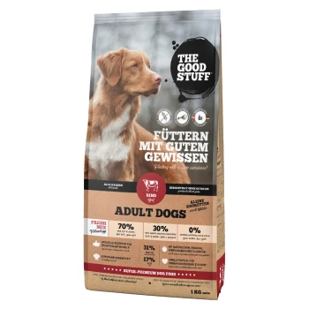 Eine Tüte Premium-Hundefutter mit einem braunen Hund, deutschem Text "Füttern mit gutem Gewissen" und Details: 70% Fleisch, 30% Gemüse, getreidefrei.