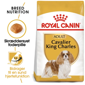 Royal Canin Adult Cavalier King Charles hondenvoerzak, met een illustratie van brokjes, een voedingslabel voor het ras en een claim over hartgezondheid.