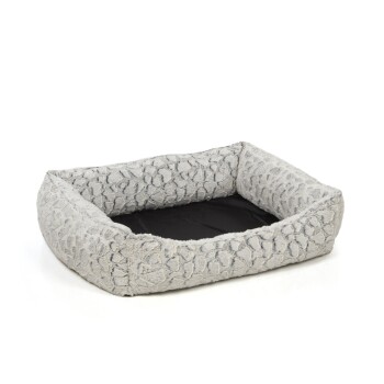 Ein weiches, rechteckiges Haustierbett mit einer strukturierten grauen Außenseite und einem schwarzen Innenraum, entworfen für Komfort und Stil.