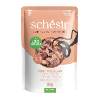 Schesir adult cat food pouch, tuna with salmon fillets in jelly, 85g, 100% natural fillets, added vitamins.