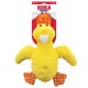 Jouet pour chien en peluche canard jaune KONG Comfort avec touffe blanche et pattes orange à pois, emballage marqué «KONG Comfort».