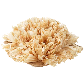 Natürliche Katzenkratzmatte aus zerkleinerten Holzfasern, die einer Blume ähnelt, mit einem Juteboden für Stabilität.