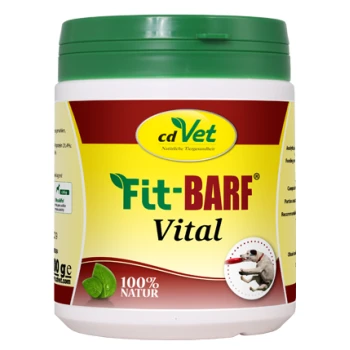 Behälter von cdVet Fit+BARF Vital, einem natürlichen Haustier-Nahrungsergänzungsmittel, mit einem grünen Deckel, gelbem Etikett und einem Bild eines Hundes.