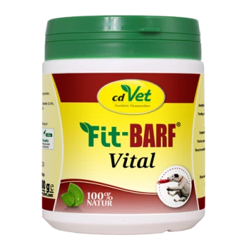 Behälter von cdVet Fit+BARF Vital, einem natürlichen Haustier-Nahrungsergänzungsmittel, mit einem grünen Deckel, gelbem Etikett und einem Bild eines Hundes.
