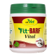 Behälter von cdVet Fit+BARF Vital, einem natürlichen Haustier-Nahrungsergänzungsmittel, mit einem grünen Deckel, gelbem Etikett und einem Bild eines Hundes.