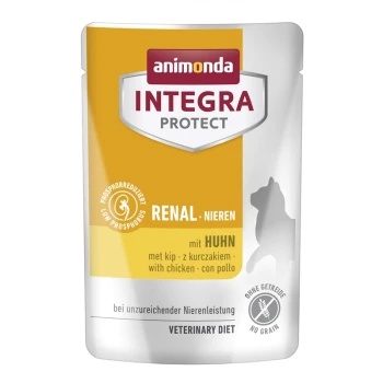 Animonda Integra Protect Renal Hundefutterbeutel, mit einem gelben Design, mit Text, der "niedriger Phosphor" und "mit Huhn" angibt.