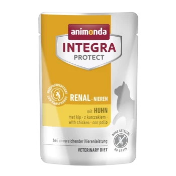 Animonda Integra Protect Renal Hundefutterbeutel, mit einem gelben Design, mit Text, der "niedriger Phosphor" und "mit Huhn" angibt.