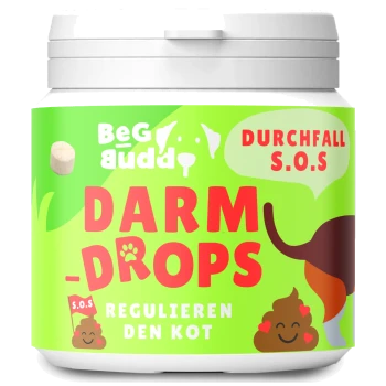 Heller grüner "BeGudd Darm-Drops" Behälter für Haustiere, mit verspielten Hund- und Kotgrafiken, mit dem Text "Durchfall S.O.S".