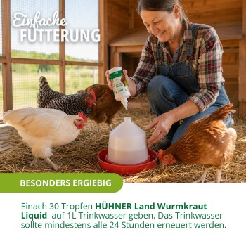 Braune Hühner stehen auf grünem Gras mit deutschem Text "Natürliche Haltung für glückliche Hühner".
