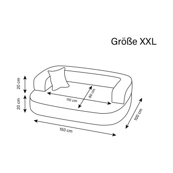 Illustration eines Haustiersofas mit der Aufschrift 'Größe XXL' mit Abmessungen: 150 cm (Länge), 100 cm (Breite), 80 cm (Tiefe) und 20 cm (Höhe).