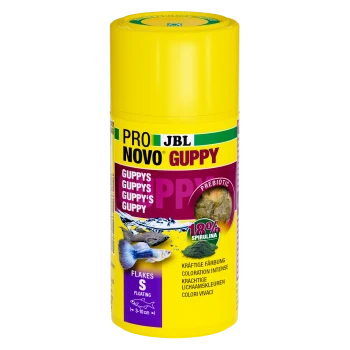 Gelber zylindrischer Behälter mit JBL Pro Novo Guppy Fischfutter, der den Text "Guppy", "18% Spirulina" und "Präbiotisch" zeigt.
