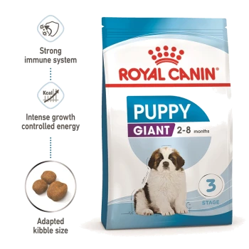 Royal Canin Puppy Giant dog food bag with a St. Bernard puppy, promoting strong immunity, controlled energy, and adapted kibble size.
