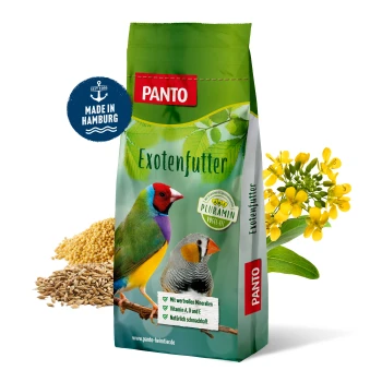 PANTO Exoten- und Kanarienfutterbeutel mit einem gelben Kanarienvogel und einem bunten Fink, mit Text, der die Vitamine A, D, E und natürliche Zutaten hervorhebt.