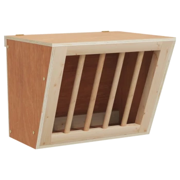 Holz-Haustierfutterspender mit schrägem Design und fünf vertikalen Futterstäben, geeignet für kleine Tiere.