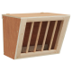 Holz-Haustierfutterspender mit schrägem Design und fünf vertikalen Futterstäben, geeignet für kleine Tiere.