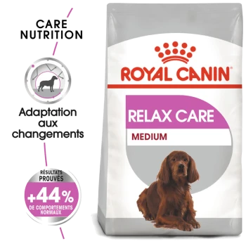 Sac de nourriture pour chiens Royal Canin Relax Care Medium avec illustration de chien, promouvant l'adaptation et une amélioration de +44 % des comportements normaux.