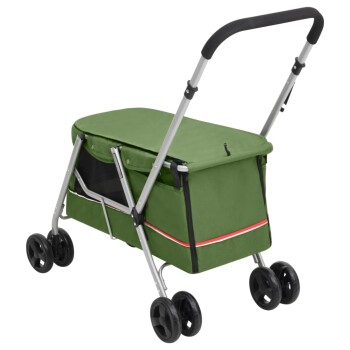 Grüner Haustierwagen mit einem faltbaren Design, ausgestattet mit einem Netzfenster und einem Reißverschlussdeckel, montiert auf vier schwarzen Rädern.