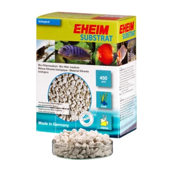 Substrate Biofilter Opakowanie medium filtracyjnego EHEIM Substrat bio z obrazkami ryb, miski z białym podłożem oraz tekstem szczegółowo opisującym jego zastosowanie w akwariów słodkowodnych i morskich.