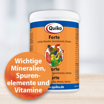 Behälter von Quiko Forte, einem Haustier-Nahrungsergänzungsmittel mit bunten Vögeln auf dem Etikett, das essentielle Mineralien und Vitamine hervorhebt.