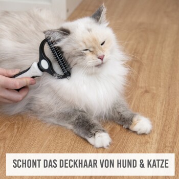 Eine Person bürstet eine entspannte, flauschige, hellfarbige Katze mit einem Pflegewerkzeug. Text darunter sagt: "SCHONT DAS DECKHAAR VON HUND & KATZE."