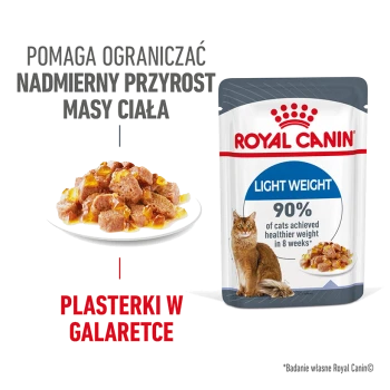 Torebka karmy dla kotów Royal Canin Light Weight, z talerzem kawałków mięsa w galaretce, z tekstem o zarządzaniu wagą i zdrowiu kotów.