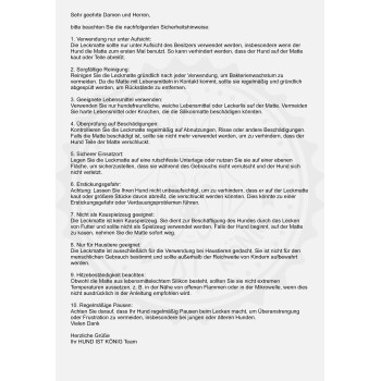 Sicherheitsanweisungen für eine Haustierleckmatte, die Nutzung, Reinigung, geeignete Lebensmittel und Vorsichtsmaßnahmen gegen Ersticken und Beschädigung detailliert.