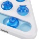 Interactive pet puzzle feeder with blue plastic pieces in a triangular white base, labeled "FIT+FUN."