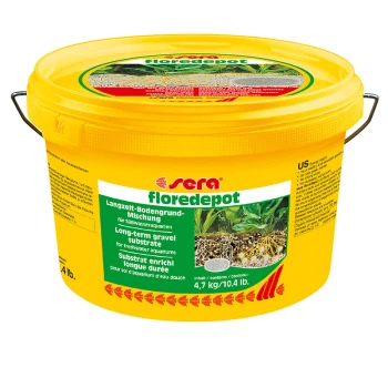 floredepot 4,7kg Gelber Eimer mit der Aufschrift 'sera floredepot', der langzeitgravel Substrat für Süßwasseraquarien enthält, mit einem Gewicht von 4,7 kg (10,4 lb).