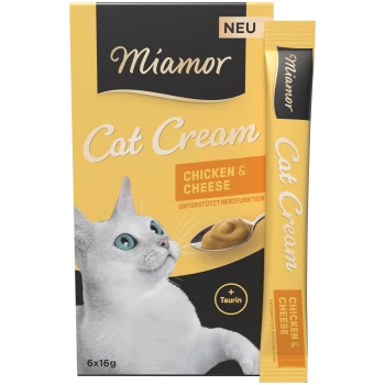 Miamor Cat Cream Karton und Tube, Geschmack Huhn & Käse, Bild einer weißen Katze und ein Löffel mit Creme, sichtbare Texte 'Miamor' und 'Cat Cream'.