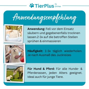 Anwendungsempfehlung für TierPlus: Anweisungen zur Anwendung und Häufigkeit für Hunde und Pferde, einschließlich Pflegehinweise.