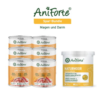 AniForte Spar-Bundle: sechs 'Land Chicken'-Dosen und ein Naturmoor-Glas (Naturmoor) mit der Aufschrift 'Magen und Darm'.