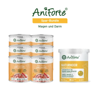 AniForte Spar-Bundle: sechs 'Land Chicken'-Dosen und ein Naturmoor-Glas (Naturmoor) mit der Aufschrift 'Magen und Darm'.
