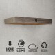 Holzregal mit natürlicher Oberfläche, das Symbole für hohe Stabilität, sichere Klebstoffe, umweltfreundliche Produktion und recycelbare Materialien zeigt.