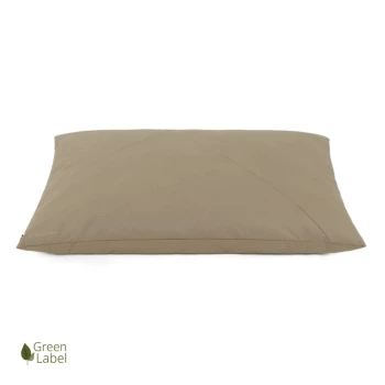 Beige rechteckiges Haustierbett mit glatter Oberfläche, subtiler Naht und kleinem 'Green Label'-Logo in der unteren linken Ecke.