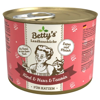 Rind & Herz 6x200 g Dosenfutter für Katzen mit der Bezeichnung "Betty's Landhausküche", das Rindfleisch, Herz und Taurin enthält. Der Text hebt "Extra viel Fleisch" und Fütterungshinweise hervor.