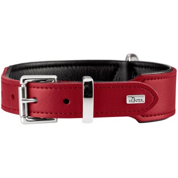 Rotes, gepolstertes Lederhalsband mit schwarzer Innenverkleidung, silberner Schnalle und Öse, Metallplakette mit der Aufschrift 'HUNTER'.