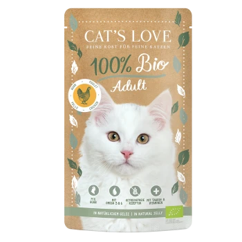 Karma dla kotów Cat's Love 100% Bio Adult z kurczakiem w saszetce z wizerunkiem białego kota i naturalnym galaretkowym tekstem.