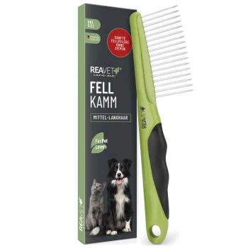 Grüner Haustierpflegekamm für mittel- bis langhaarige Tiere, mit einem bequemen Griff, mit einem Bild von einer Katze und einem Hund auf der Verpackung.